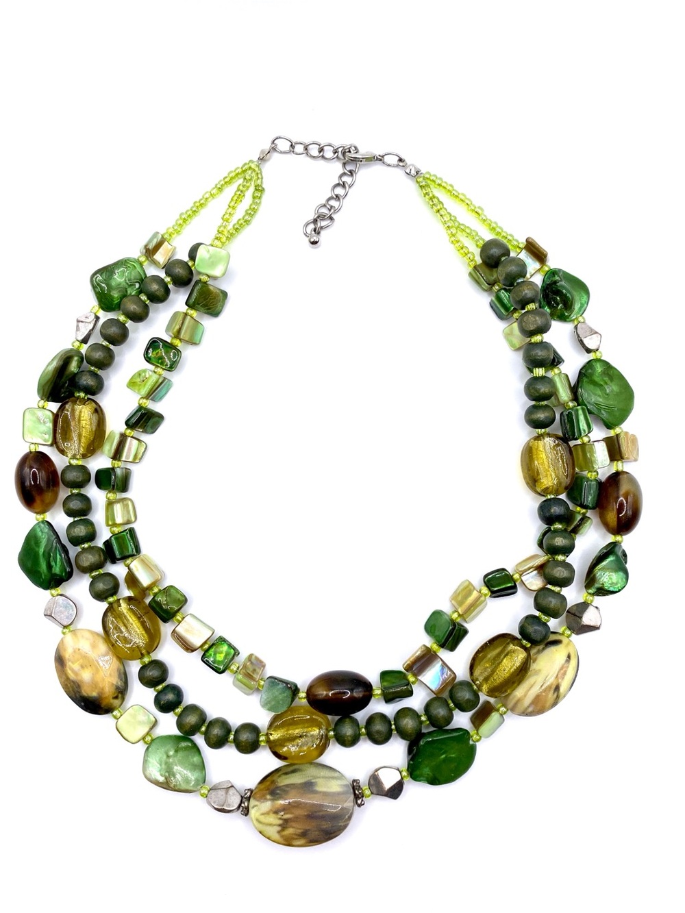 Chunky Green Multi Strand Statement Necklace Earthy Shell Mixed Bead Collar Bib